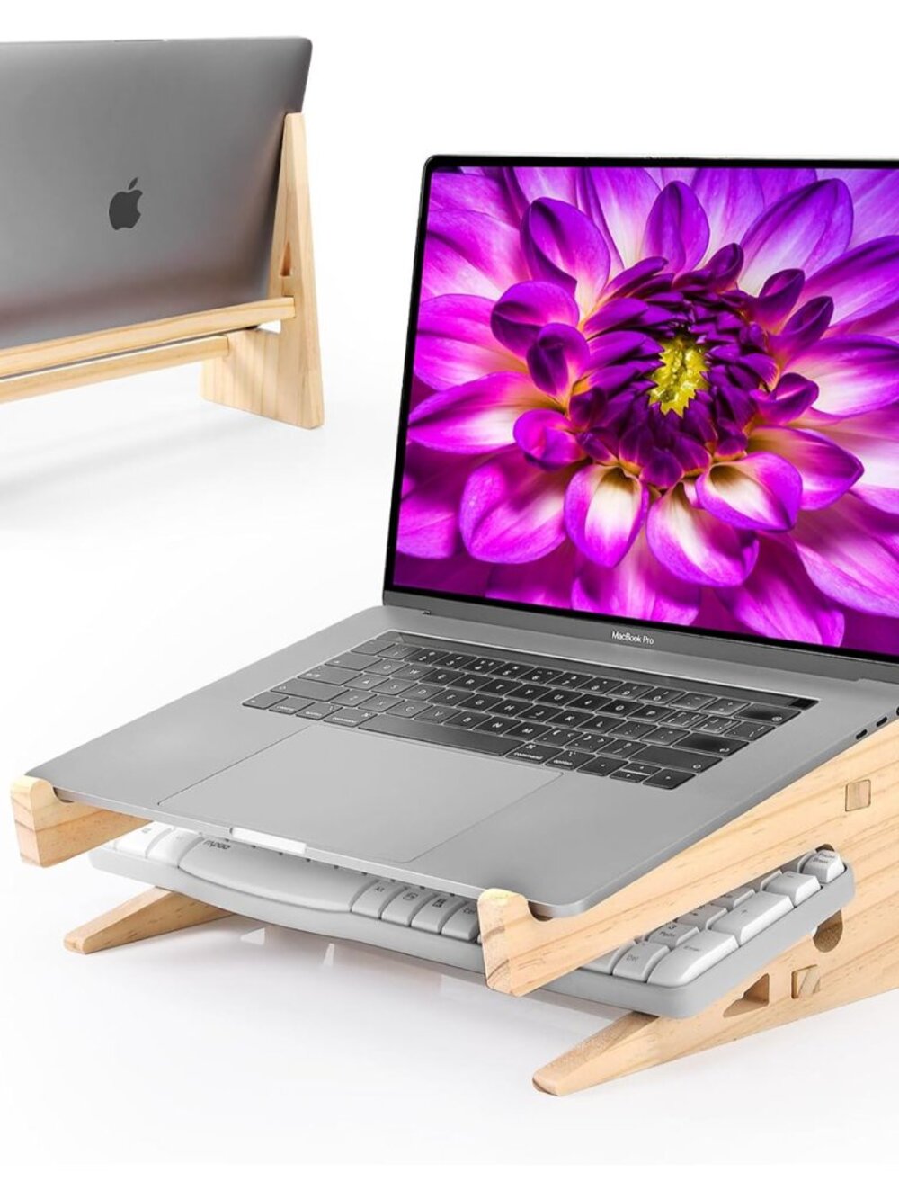 Wooden Laptop Stand for Desk, 2-in-1 Riser and Vertical Laptop Stand